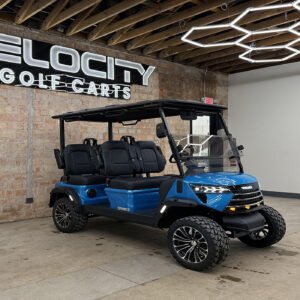 Coastal Blue Voyager Commander 4 seater forward-facing golf cart with black seats and Eco lithium battery, lifted with independent suspension and four-wheel disc brakes at Velocity Golf Carts in Salt Lake City, Utah