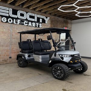 Silver Lining Voyager Commander 4 seater forward-facing golf cart with black seats and Eco lithium battery, lifted with independent suspension and four-wheel disc brakes at Velocity Golf Carts in Salt Lake City, Utah