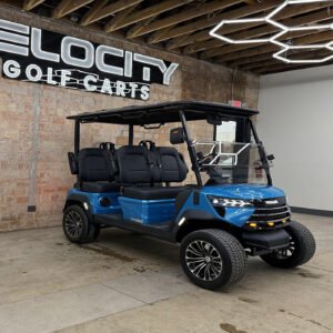 Riptide Blue Voyager Commander 4 seater forward-facing golf cart with black seats and Eco lithium battery, lifted with independent suspension and four-wheel disc brakes at Velocity Golf Carts in Salt Lake City, Utah