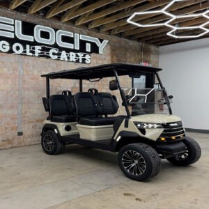 Sandy Shore Voyager Commander 4 seater forward-facing golf cart with black seats and Eco lithium battery, lifted with independent suspension and four-wheel disc brakes at Velocity Golf Carts in Salt Lake City, Utah